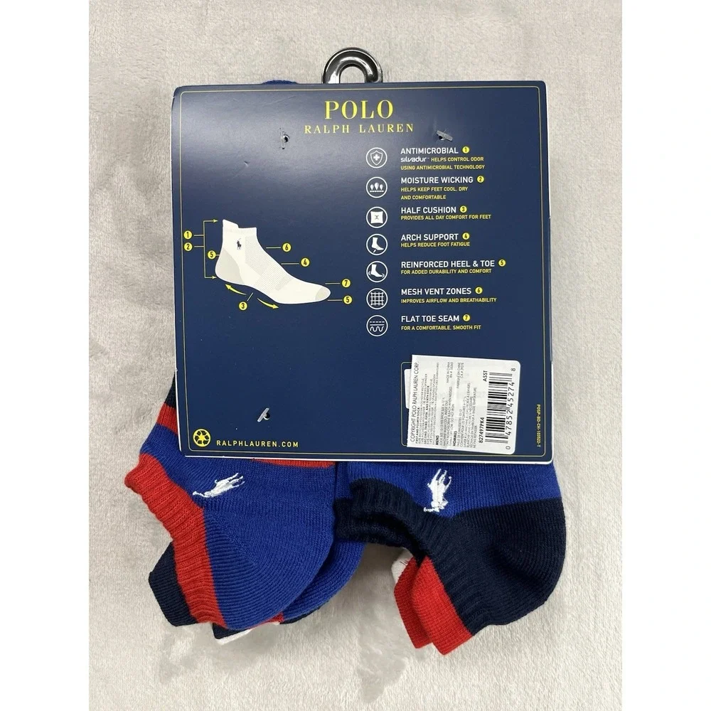 Polo Ralph Lauren 6 Pairs Socks Men 10-13 Multicolor Low Cut Tab Performances